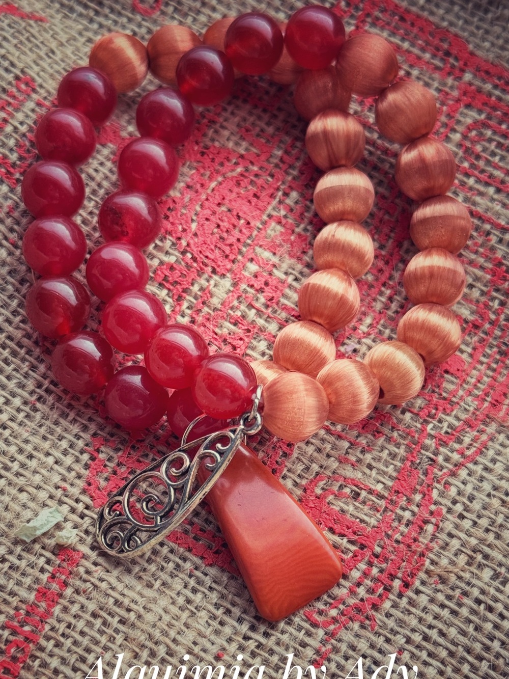 Untreated ruby Red and Peach Beaded Bracelet Set with Filigree Charm